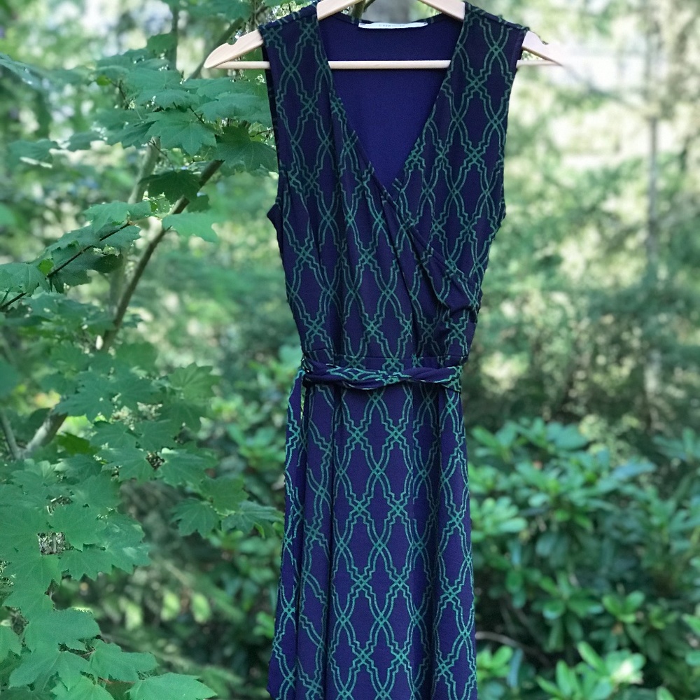 [41 hawthorn] navy blue green tie sleeveless dress